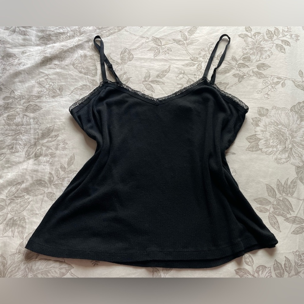 Y2K Black Beaded Lace Trim Ribbed Cami Top XL Fairy Grunge Whimsigoth Vamp Bratz